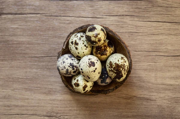 Telur puyuh dengan latar belakang kayu coklat. Datar berbaring, pemandangan atas. Easte — Stok Foto