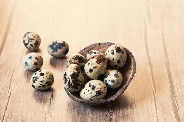 Telur puyuh dengan latar belakang kayu coklat. Rata awam, konsep Paskah . — Stok Foto