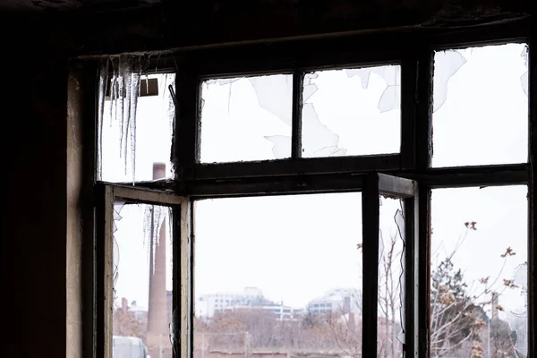 Windows Abandoned Building Wooden Frames Broken Glasses — Stock Photo, Image