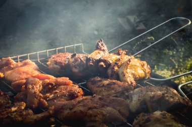 Kömür mangalında pişirilen lezzetli ve sulu tavuk etini yakından çek. Lezzetli atıştırma partisi.