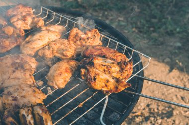 Kömür mangalında pişirilen lezzetli ve sulu tavuk etini yakından çek. Lezzetli atıştırma partisi.