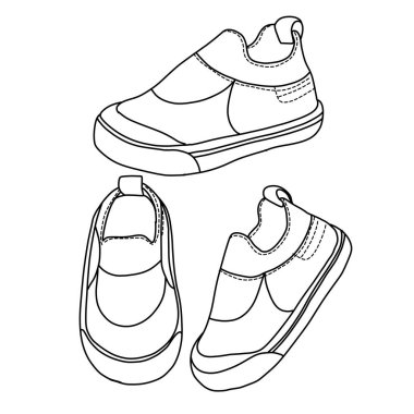 Üç farklı açıdan gösterilen ayakkabının üzerinde basit çizgi çizimi var.