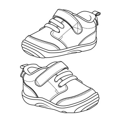 Bir çift bebek ayakkabısının basit siyah beyaz tasviri. Bu el çizimi çizimi, boyama kitabı sayfası için ideal cırt cırtlı iki bebek ayakkabısını gösteriyor..