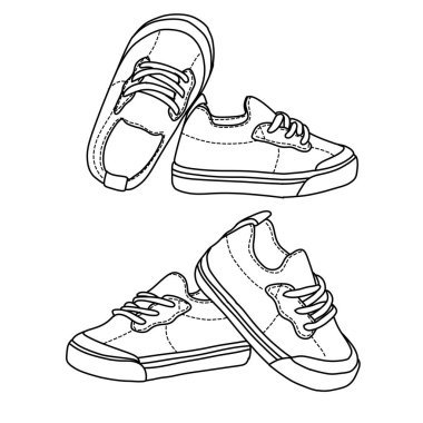 Bir çift bebek ayakkabısının siyah-beyaz çizimi, bir bebek için mükemmel. Ayakkabılar basit bir çizgili sanat tarzıyla tasvir ediliyor. Tasarımlarını sergiliyorlar..