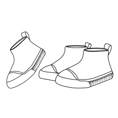 Basit siyah beyaz çizgiler ayakkabıları çocuk yapar. Ayakkabılar sıradan, düz tabanlı çizmeler. Tasarım özetlenmiştir ve basit, temiz bir estetiğe sahiptir..