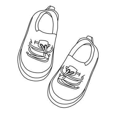 Bir çift bebek ayakkabısının çizgi çizimi, basit tasarım ve bağcıklarını sergiliyor, boyama kitapları veya minimalist tasarımlar için mükemmel..