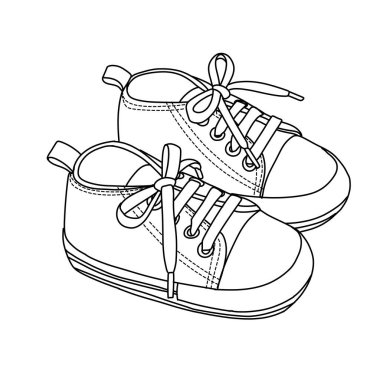 Bir çift bebek ayakkabısı, siyah çizgili, bağcıklı ve göz dirsekli. Ayakkabılar bebekler ve yeni yürümeye başlayanlar için tasarlandı. Ayakkabıların basit, klasik bir tasarımı var..