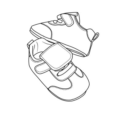 İki bebek ayakkabısının basit bir çizgisi çizimi, yumuşak tasarımı ve küçük boyutları, çocuk temaları için mükemmel..