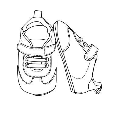 Bir çift bebek ayakkabısı sergilenen ayrıntılı çizgi çizimleri, biri öne bakan diğeri de profil olarak, bir kanca ve ilmek bağlayıcı içeriyor..