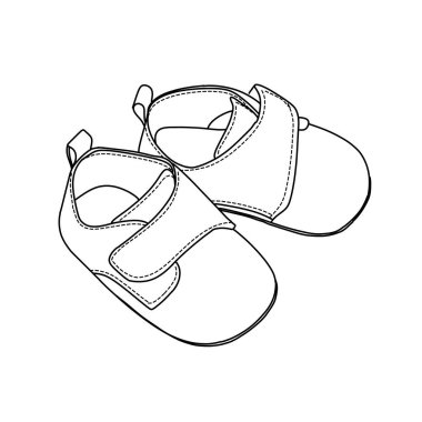 Bir çift bebek poposunun basit bir taslağı. Bu minimalist siyah beyaz çizim, beyaz arka planda izole edilmiş, tek bir kayışla kapatılmış yumuşak ayakkabılar içerir..