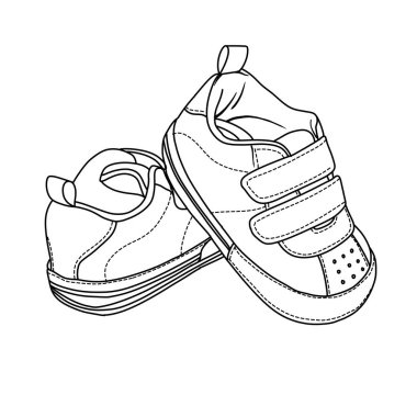 İki bebek ayakkabısının ayrıntılı çizgisi çizimi, biri diğeriyle çakışan, yuvarlak parmaklar ve cırt cırtlı kayışlar..