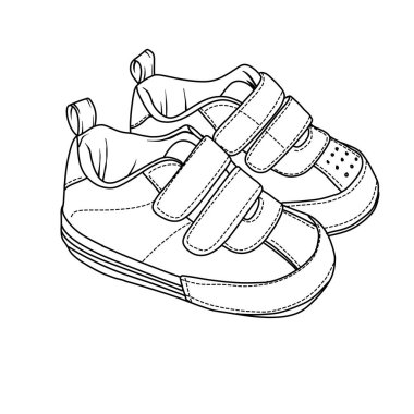 İki bebek ayakkabısının detaylı çizimi, cırt cırtlı kapaklar, yuvarlak bir ayak parmağı tasarımı ve rahat bir uyum..