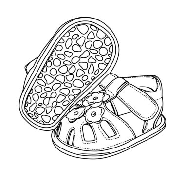 Elle çizilmiş siyah beyaz bir resimde, kayışlı ve tokalı bir bebek sandaleti, kopuk tabanın yanına yerleştirilmiş, tırtıklı bir deseni var..