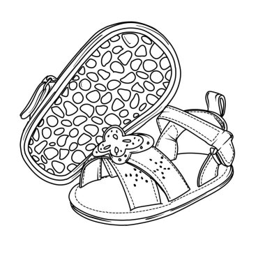 Elle çizilmiş siyah beyaz bir resimde, kayışlı ve tokalı bir bebek sandaleti, kopuk tabanın yanına yerleştirilmiş, tırtıklı bir deseni var..