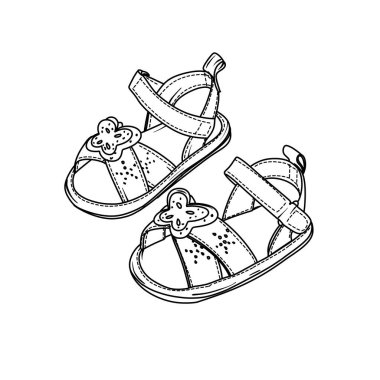 Elle çizilmiş siyah beyaz bir resimde, kayışlı ve tokalı bir bebek sandaleti, kopuk tabanın yanına yerleştirilmiş, tırtıklı bir deseni var..