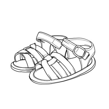 Elle çizilmiş siyah beyaz bir resimde, kayışlı ve tokalı bir bebek sandaleti, kopuk tabanın yanına yerleştirilmiş, tırtıklı bir deseni var..