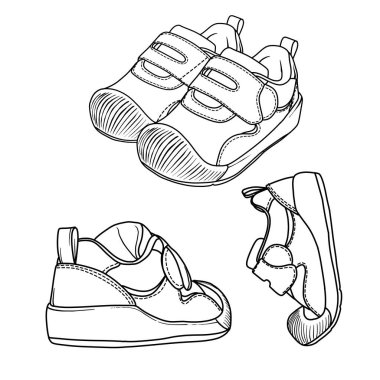 Elle çizilmiş siyah beyaz bir resimde, kayışlı ve tokalı bir bebek sandaleti, kopuk tabanın yanına yerleştirilmiş, tırtıklı bir deseni var..