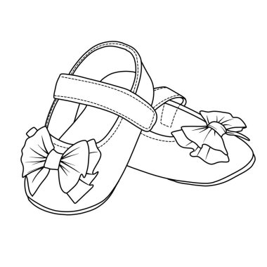 Elle çizilmiş siyah beyaz bir resimde, kayışlı ve tokalı bir bebek sandaleti, kopuk tabanın yanına yerleştirilmiş, tırtıklı bir deseni var..