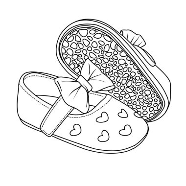 Elle çizilmiş siyah beyaz bir resimde, kayışlı ve tokalı bir bebek sandaleti, kopuk tabanın yanına yerleştirilmiş, tırtıklı bir deseni var..