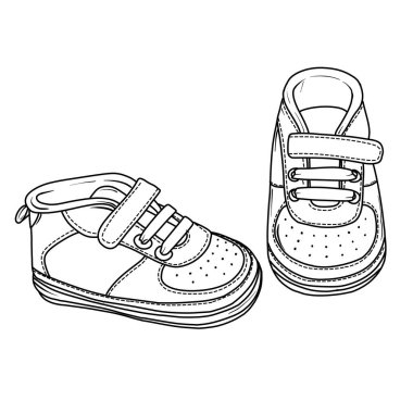 Bir çift bebek ayakkabısı içeren detaylı bir çizgi çizimi. Tasarımlarını ve dokusunu basit ve zarif bir şekilde sergiliyor..