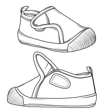 İki bebek ayakkabısının detaylı çizimi, emniyet kemeri takılı kaygan bir tasarım, küçük ayak çizgisi çizimi için ideal.