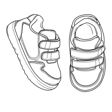 Vektör çizimi çizimi çizimi çizimi, cırt cırtlı çocuk ayakkabıları, basit tasarım, üst ve yan görünüm