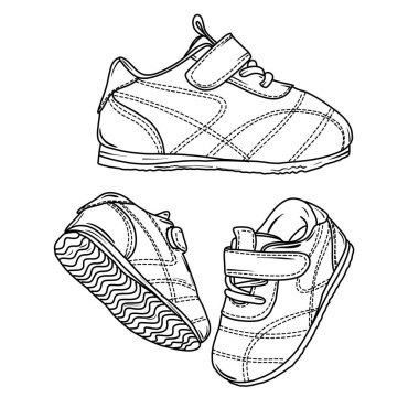 Farklı açılardan gösterilen üç siyah beyaz çizgili çocuk spor ayakkabısı koleksiyonu. Ayakkabıda cırt cırtlı kayış ve ayrıntılı dikişler var..