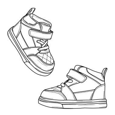 Bir çift yüksek topuklu çocuk ayakkabısının yakın plan çizimi. Ayakkabılar ayarlanabilir kayışlar ve bağcıklar ve üst kısımda yorgan dizaynı içeriyor. Çizim biçimi ayrıntılı 