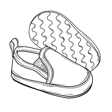 Hem üstte hem de altta görünen bir bebek ayakkabısının siyah ve beyaz çizgisi. Tasarım bir kayış ve basit bir taban içeriyor..