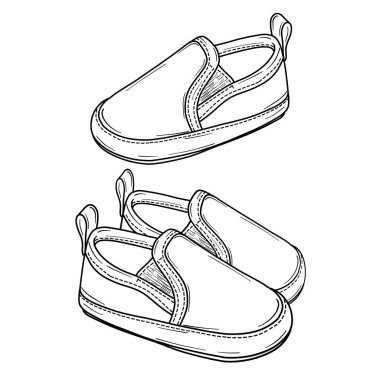 İki bebek ayakkabısının detaylı çizgisi çizimi, siyah-beyaz tasarım projeleri için mükemmel.