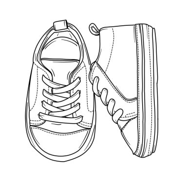 İki bebek ayakkabısının basit siyah beyaz çizgisi. Biri öne bakıyor, diğeri yana bakıyor..