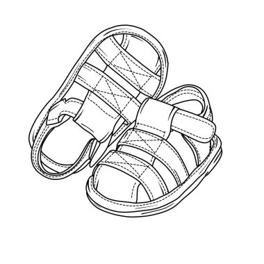 Bir çift bebek sandaletinin basit bir siyah beyaz çizgisi çizimi. Çizim, çoklu kayışlı ve cırt cırtlı küçük yaz ayakkabılarını gösteriyor..