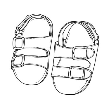 Ayarlanabilir tokalar ve sıcak hava için ideal rahat bir tasarım içeren iki sandaletin ayrıntılı çizimi.