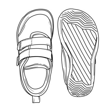 Ayrıntılı bir siyah-beyaz çizgili resimde hem üst hem de alt perspektiften bir çift çocuk sandaleti sergileniyor, kayışlar ve tek desen vurgulanıyor..