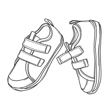 Ayrıntılı bir siyah-beyaz çizgili resimde hem üst hem de alt perspektiften bir çift çocuk sandaleti sergileniyor, kayışlar ve tek desen vurgulanıyor..