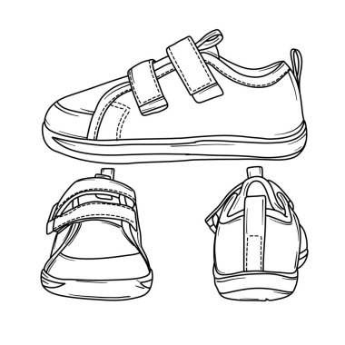 Ayrıntılı bir siyah-beyaz çizgili resimde hem üst hem de alt perspektiften bir çift çocuk sandaleti sergileniyor, kayışlar ve tek desen vurgulanıyor..