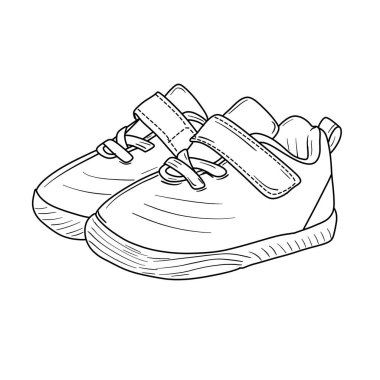 Ayrıntılı bir siyah-beyaz çizgili resimde hem üst hem de alt perspektiften bir çift çocuk sandaleti sergileniyor, kayışlar ve tek desen vurgulanıyor..