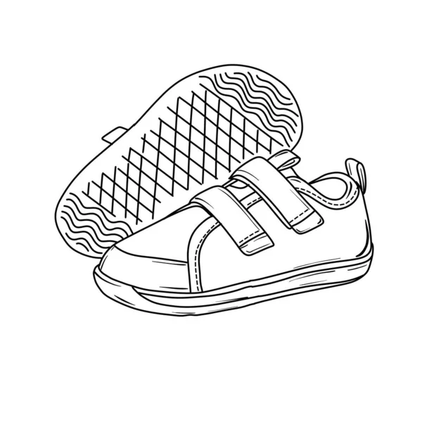 İki çocuk spor ayakkabısının detaylı çizgisi çizimi, biri kanca ve döngü kapaklarıyla kapağı gösteriyor, diğeri de desenli tabanı gösteriyor.