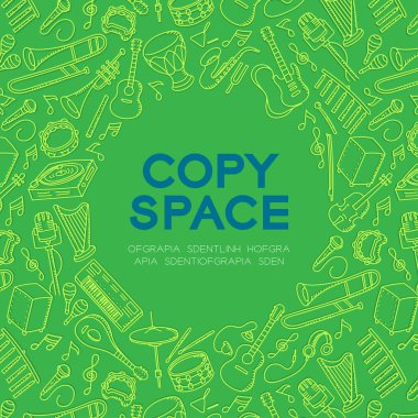Müzikal alet çocuklar çizim set desen arka plan illüstrasyon izole merkezi kopya alanı daire şeklinde yeşil renk arka plan üzerinde el