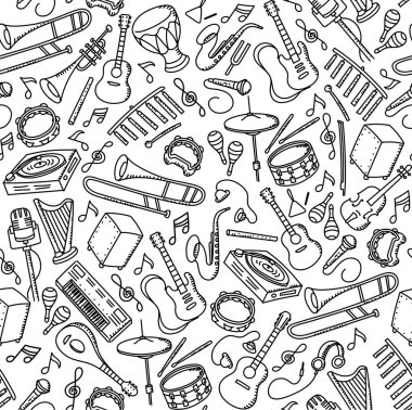 Dikişsiz desen arka plan müzik aleti çocuklar çizim set illüstrasyon izole beyaz arka plan üzerinde el