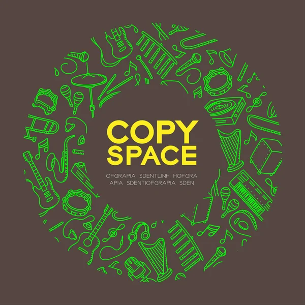 Müzikal alet çocuklar çizim set desen arka planda daire kare illüstrasyon izole kahverengi renk zemin, merkezi kopya alanı üzerine el