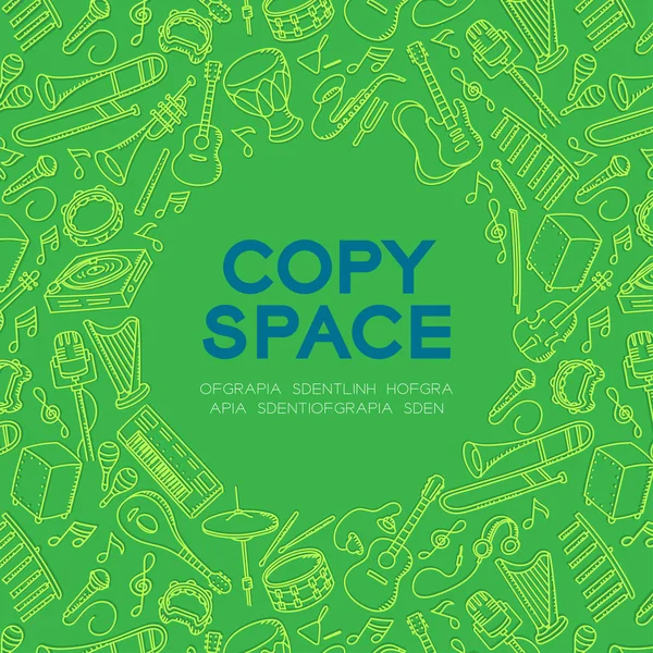 Müzikal alet çocuklar çizim set desen arka plan illüstrasyon izole merkezi kopya alanı daire şeklinde yeşil renk arka plan üzerinde el