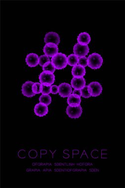 Sembol mikroskop hastalığı hücreleri kurmak kapatmak, Hashtag işareti renk malware ya da virüs bilgisayar kavramı fikir illüstrasyon izole kızdırma koyu arka plan üzerinde mor