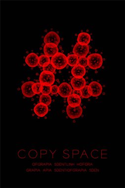 Sembol mikroskop hastalığı hücreleri kurmak kapatmak, malware ya da virüs bilgisayar kavramı fikir illüstrasyon izole kızdırma koyu arka plan üzerinde Hashtag işareti kırmızı renk