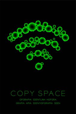 Sembol mikroskop hastalığı hücreleri kurmak kapatmak, Wifi işareti renk malware ya da virüs bilgisayar kavramı fikir illüstrasyon izole kızdırma koyu arka plan üzerinde yeşil
