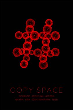 Sembol mikroskop hastalığı hücreleri kurmak kapatmak, malware ya da virüs bilgisayar kavramı fikir illüstrasyon izole kızdırma koyu arka plan üzerinde Hashtag işareti kırmızı renk