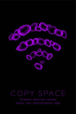 Sembol mikroskop hastalığı hücreleri kurmak kapatmak, Wifi işareti renk malware ya da virüs bilgisayar kavramı fikir illüstrasyon izole kızdırma koyu arka plan üzerinde mor