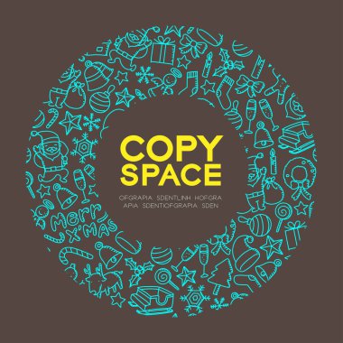 Neşeli x'mas, Noel sembol simge el çizim set desen arka planda daire kare illüstrasyon izole kahverengi renk zemin, merkezi kopya alanı üzerine çocuklar