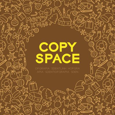 Neşeli x'mas, Noel sembol simge merkezi kopya alanı daire şeklinde kahverengi renk arka plan üzerinde çizim set desen arka plan illüstrasyon izole el çocuklar