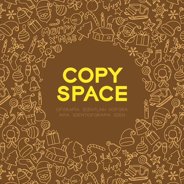 Neşeli x'mas, Noel sembol simge merkezi kopya alanı daire şeklinde kahverengi renk arka plan üzerinde çizim set desen arka plan illüstrasyon izole el çocuklar